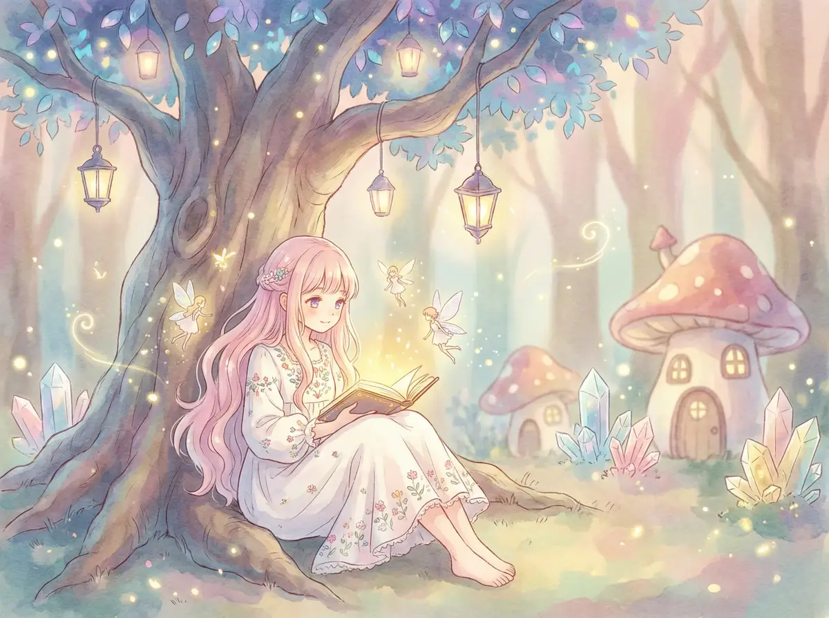 魔兽世界术士天赋 - 魔法森林中阅读故事书的粉发少女与精灵